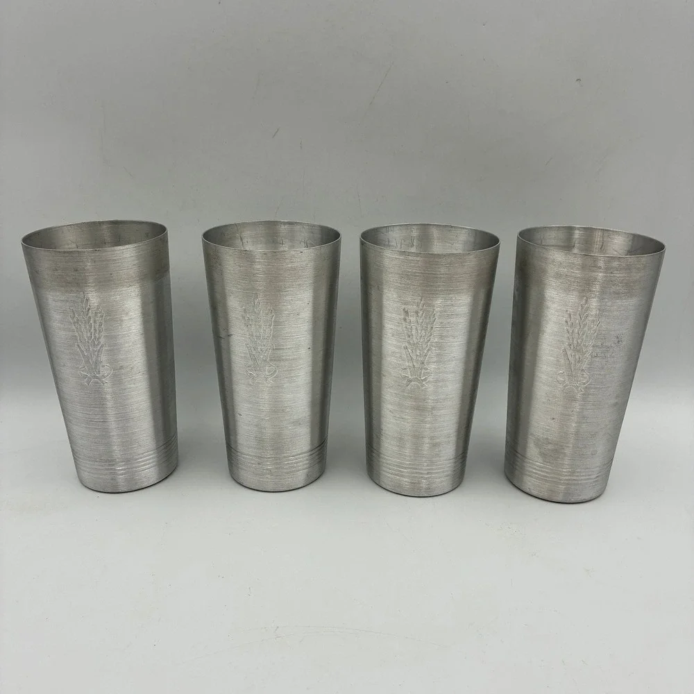 Vintage Aluminum Wheat Pitcher and 4 Tumbler Cup Set Silver Mid Century Modern